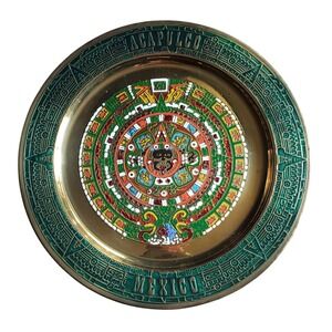 Aztec Mayan Sun Calendar Acapulco Mexico Metal Painted Tray Plate Wall Art Decor